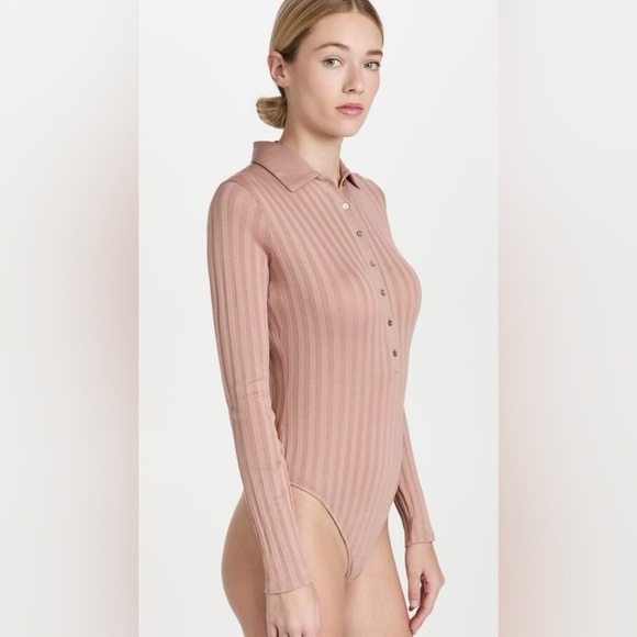 Vince Polo Ribbed Button Up Thong Bodysuit Blush NWT - Picture 3 of 8